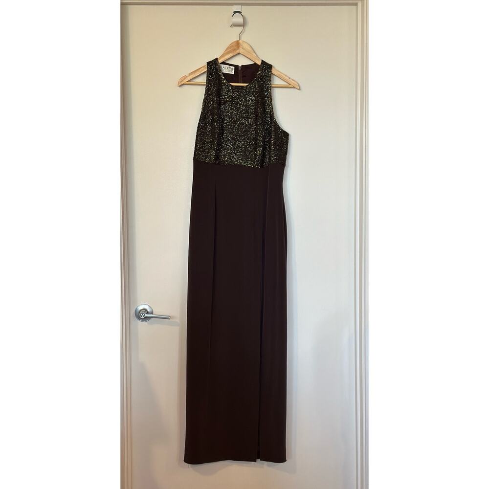 VTG Black Tie Oleg Cassini Brown Beaded Gown Maxi Dress Front Slit Back Zipper